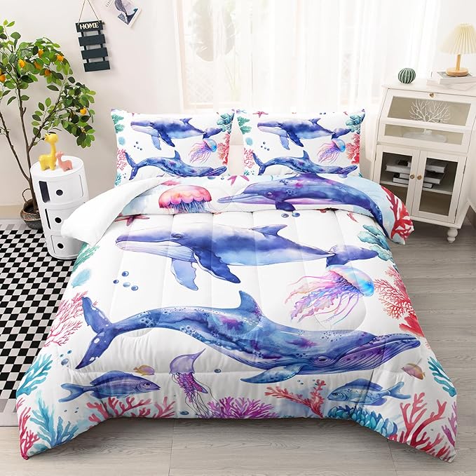 Whale Jellyfish Shark Bedding Dolphin Coral Comforter 3Pcs Full Underwater Fish Starfish Quilt Set for Kids Teens Girls Boys Clownfish Seaweed Bed Decor Set with 1 Comforter and 2 Pillowcases