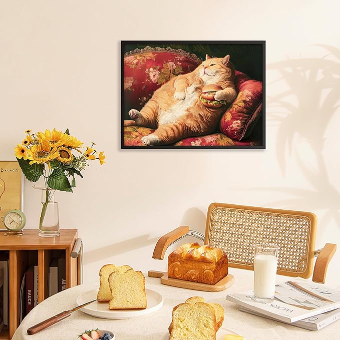 Victorian Renaissance Canvas Poster Funny Fat Cat With Hamburger Wall Art Lying In Sofa Cute Cat Painting Wall Decor 16x24 inch Black Framed for Animal Lover Gift