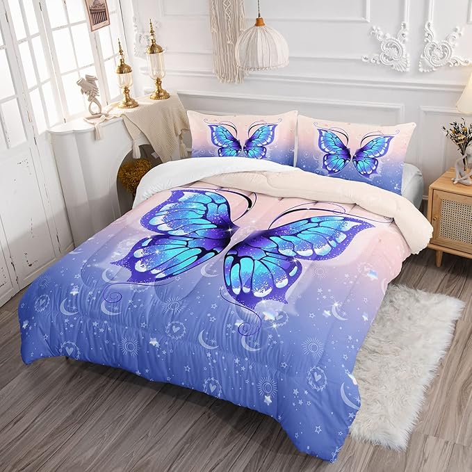 Bedding Comforter Set Pink Purple Butterfly Printed Pattern Quilt with 1 and 2 Pillowcases for Girls Bedroom All Season(Butterfly Twin) Twin 68x86inches