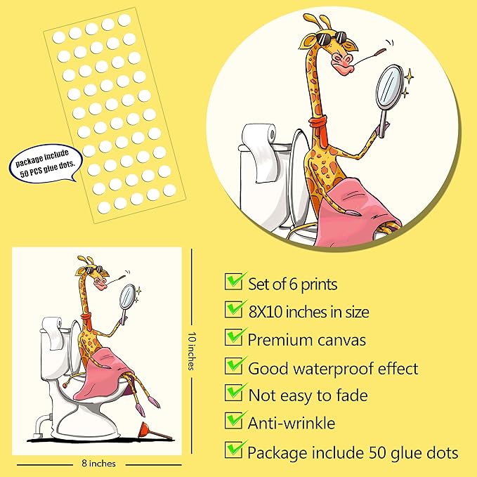 Bathroom Wall Art Animal Prints Toilet Decor Set of 6 Canvas Posters Cute Pictures Photos Bathroom Artwork Wall Colourful Funny Fox Cat Frog Goose Giraffe Horse in Toilet Illustration Wall Decor for