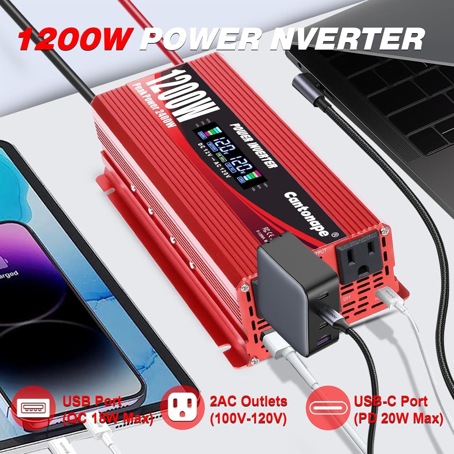 1200W/2400W(Peak) Car Power Inverter DC 12V to 110V/120V AC Converter with LCD Display Dual AC Outlets 3.0A USB and Type-C 12 Volt Inverter for Car Home Laptop Truck
