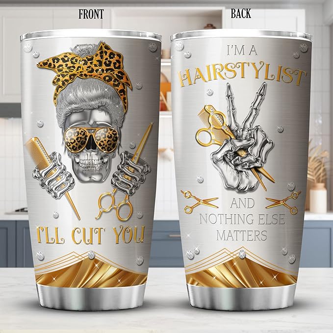 ZOXIX Hairstylist Tumbler Cup Jewelry Style Bandana Skull Leopard Print Cup Stainless Steel Tumblers With 20oz Hairdresser Gifts For Women Funny Travel Mug Hairdressing Gift
