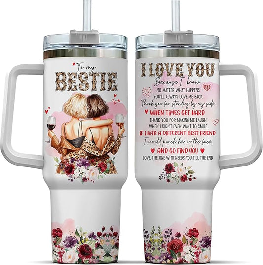 Tumbler 40 Oz With Handle Lid And Straw, My Bestie Watercolor Floral, Boss Tumblers Funny Cups Women Leopard Friends Stainless For Print Steel Coffee Flower