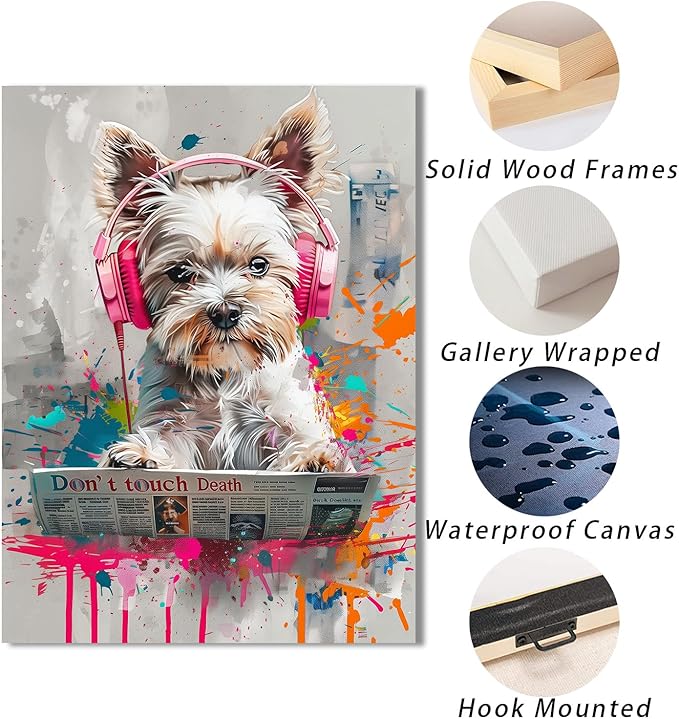Ypxzzj Cool Colorful Graffiti Dog Wall Art for Bathroom, Funny Animal Canvas Print Painting for Bedroom,Graffiti Art Pictures for Living Room Home Decor Size 12x16Inch Framed Ready to Hang