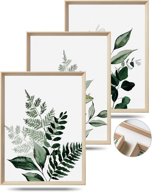 UPWOIGH Framed Green Wall Art(No Plexiglass), Olive Leafs Canvas Wall Art,12x16in Botanical Wood Bohemia Sage Wall Decor Prints Artworks for Bathroom Bedroom, Plant Neutral Wall Art Set of 3