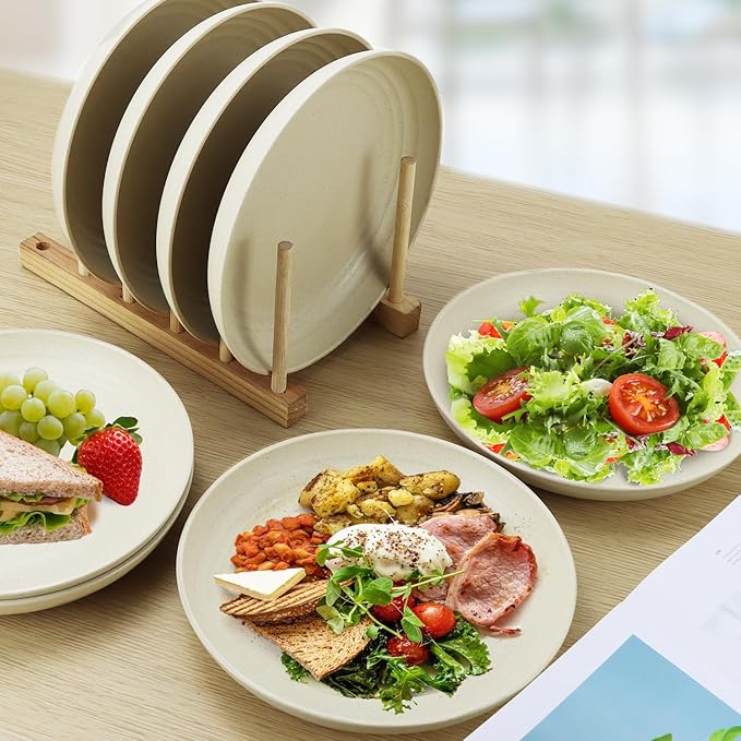 Wheat Straw Dinner Plates, 9 Inch Beige Set of 8, Lightweight Unbreakable Plastic, Microwave & Dishwasher Safe Kids Plates