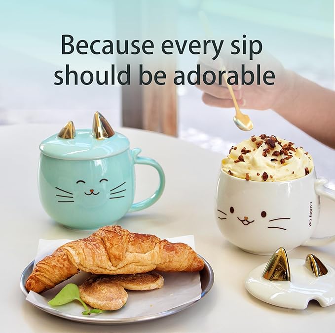 Yuwu Cat Ceramic Coffee Mug with Spoon & Lid, 13.5 oz Novelty Mug with Phone Stand Lid, Cute Tea Cup for Women & Cat Enthusiasts (White)