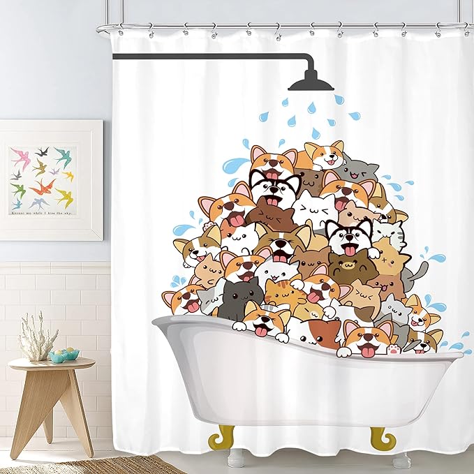 SVBright Funny Dog Shower Curtain Kids Cute Corgi Raining Cartoon Animal 72Wx72L Inch Hilarious Pets Playing Water12 Pack Hooks Polyester Waterproof Fabric Bathroom Bathtub Panels