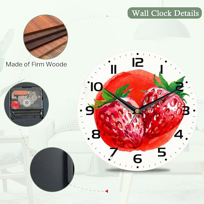 Wall Clocks,Red Strawberry 10 Inch Wall Clock,Summer Small Battery Operated Wall Clocks Decorative for Kitchen/Living Room/Bedroom/Bathroom/Dining Room