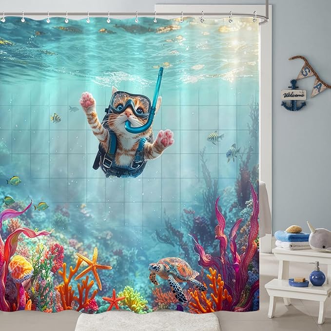 Yeoiat Dinosaur Shower Curtain Funny Shower Curtain Cat Ocean Shower Curtains for Bathroom Cute Shower Curtain Set with 12 Hooks Cat-01 72×72 Inches