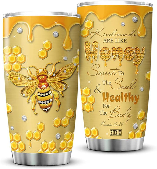 ZOXIX Bee Tumbler With Lid 20oz Jewelry Style Kind Words Are Like Honey Bee Lover Gifts Bible Verse Mug Proverbs 16 24 Christian Gifts For Women Faith Yellow Bee Themed Coffee Cup