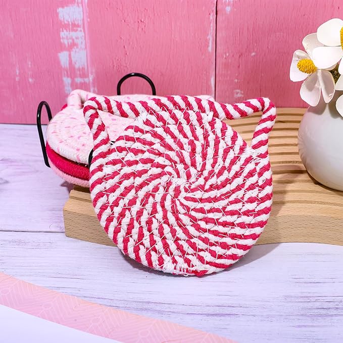 Whaline Cat Ears Coaster Set Hot Pink Handmade Braided Cotton Coasters Non-Slip Absorbent Drink Coasters with Holder for Graduation Birthday Housewarming Gifts Home Decor, 4Pcs