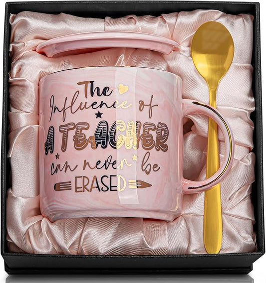 Teacher Gifts for Women, Appreciation Gift, Retirement, Birthday, End of Year Gifts - The Influence of A Teacher Can Never Be Erased - 14oz Golden Pattern Marble Mug
