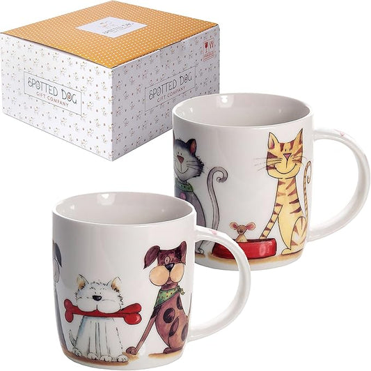 SPOTTED DOG GIFT COMPANY Dog and Cat Coffee Mug Set, 12 oz Cute Mugs Ceramic Porcelain China Coffee Tea Cups, Animal Themed Gifts for Cat Lovers and Dog Lovers Women Men, Set of 2