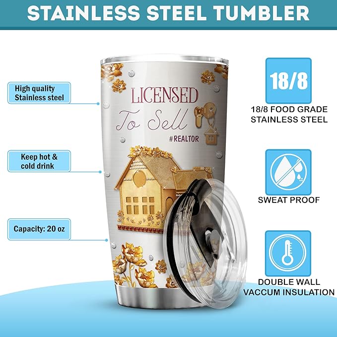 ZOXIX Realtor Coffee Tumbler Stainless Steel Mug With Lid 20oz Travel Cup Gifts For Realtors Female Flower Floral Housing House Girl Cute Tumblers For Women Salesperson Accessories