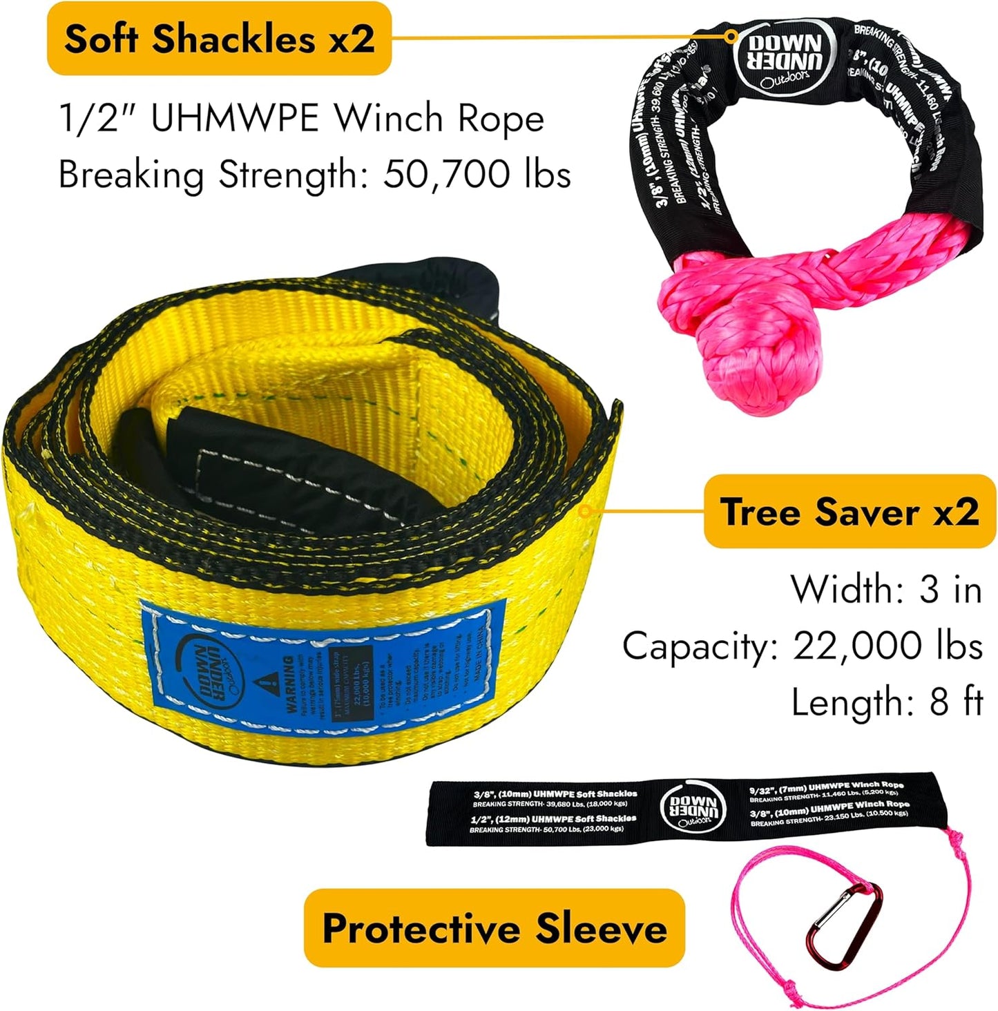 DOWN UNDER OUTDOORS Heavy Duty Game/Log/4x4 Recovery Kit, Deer Drag, 550 ft of 3/8” (23,150 lbs) Winch Rope on Metal Reel, 2 Tree Savers, 2 Soft Shackles, 2 Snatch Rings, 2 Figure 8 Rings, Gear Bag