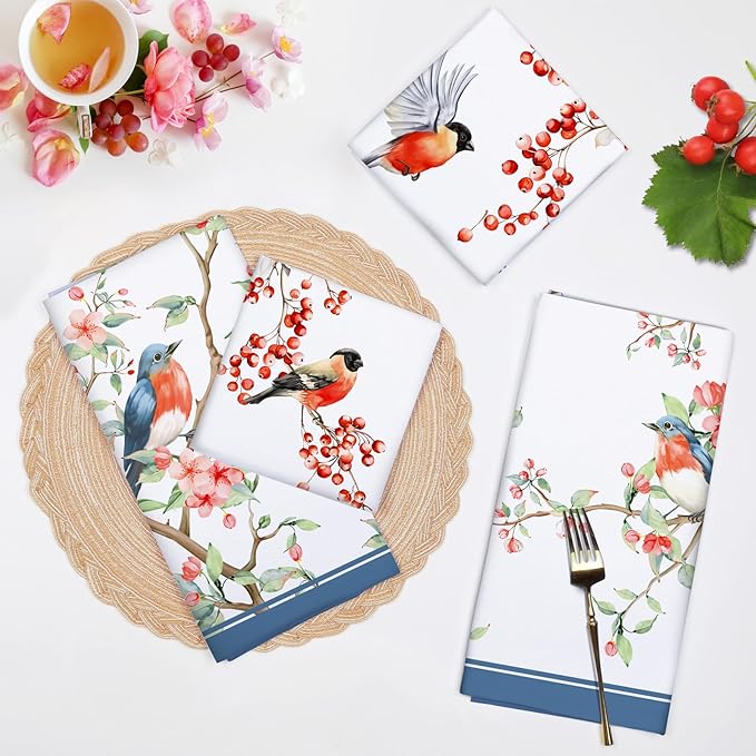Watercolor Bird Flowers Tea Towels, Cotton Kitchen Towel 18.9 × 27.5 inch, Quick Drying Dish Cloth for Party Anniversary Holiday Decoration Housewarming Gifts
