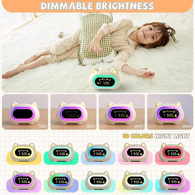 winshine Kids Alarm Clock, Ok to Wake Clock for Kids, Toddler Sleep Training Clock with Eye Protection, 10 Night Lights, Dual Alarms, Child Lock, Snooze, Timer - Cute Cat Clock for Girls and Boys