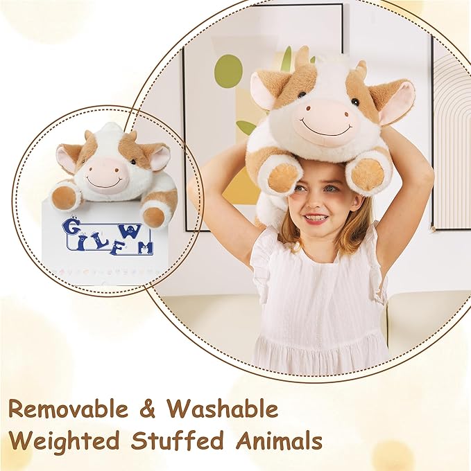 Weighted Stuffed Animals Cow - 20.5" Cute Toy Pillow Plushie Gifts for Kids Boys Girls & Adults, 3 lbs Ultra-Soft Washable Plush Pillowfort