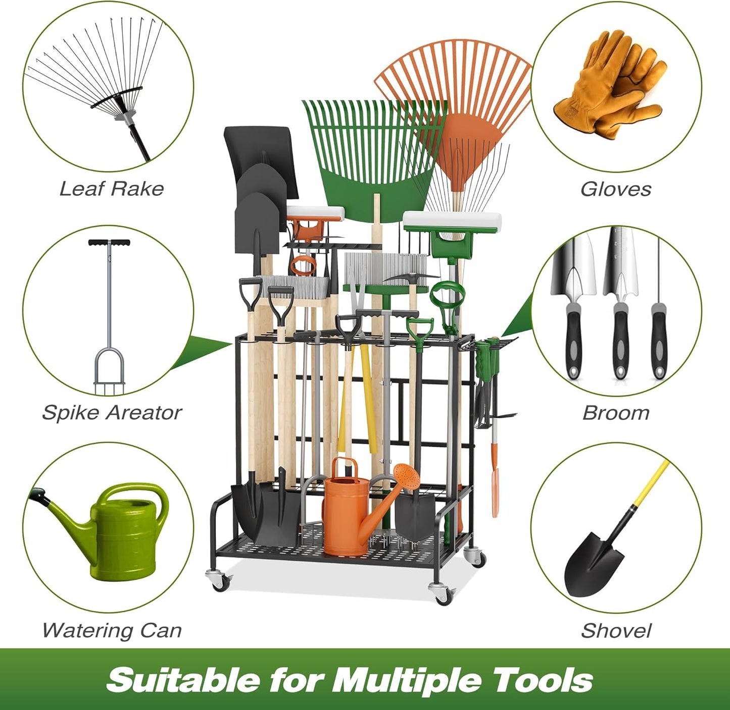 Garden Tool Organizer Rack with Wheels Up to 39 Tools, Heavy-Duty Steel Yard Tool Organizer for Garage Storage with 12 Hooks, Broom Holder & Garden Tool Rack for Shed, Patio, Outdoor Use, Black