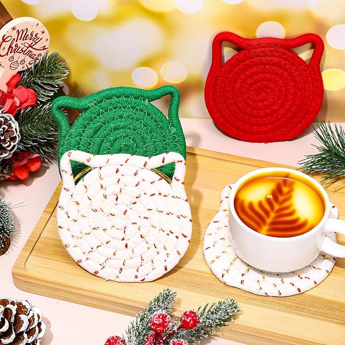 Whaline Cat Ear Coaster Set Cat Ear Shape Handmade Braided Cotton Coasters Red Green Non-Slip Absorbent Drink Coasters with Holder for Birthday Housewarming Gifts Home Decor, 4Pcs