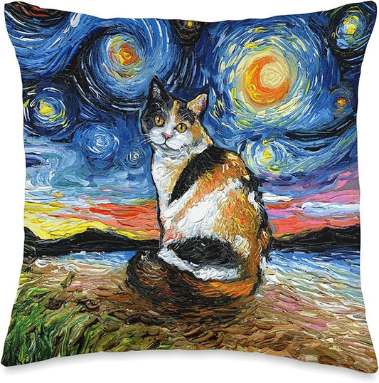 Calico Cat Starry Night Kitty and Moon Art by Aja Throw Pillow