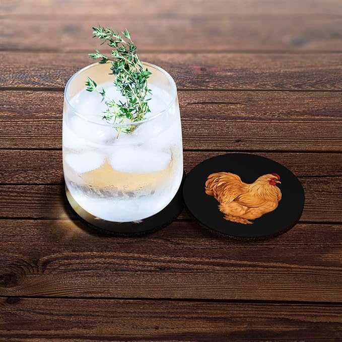 WIRESTER, Cochin Chicken (S1), Animal White Silkie Chicken Design Absorbent ROUND Fabric Felt Neoprene Car Coasters for Drinks (2.87 inches), 2pcs Set