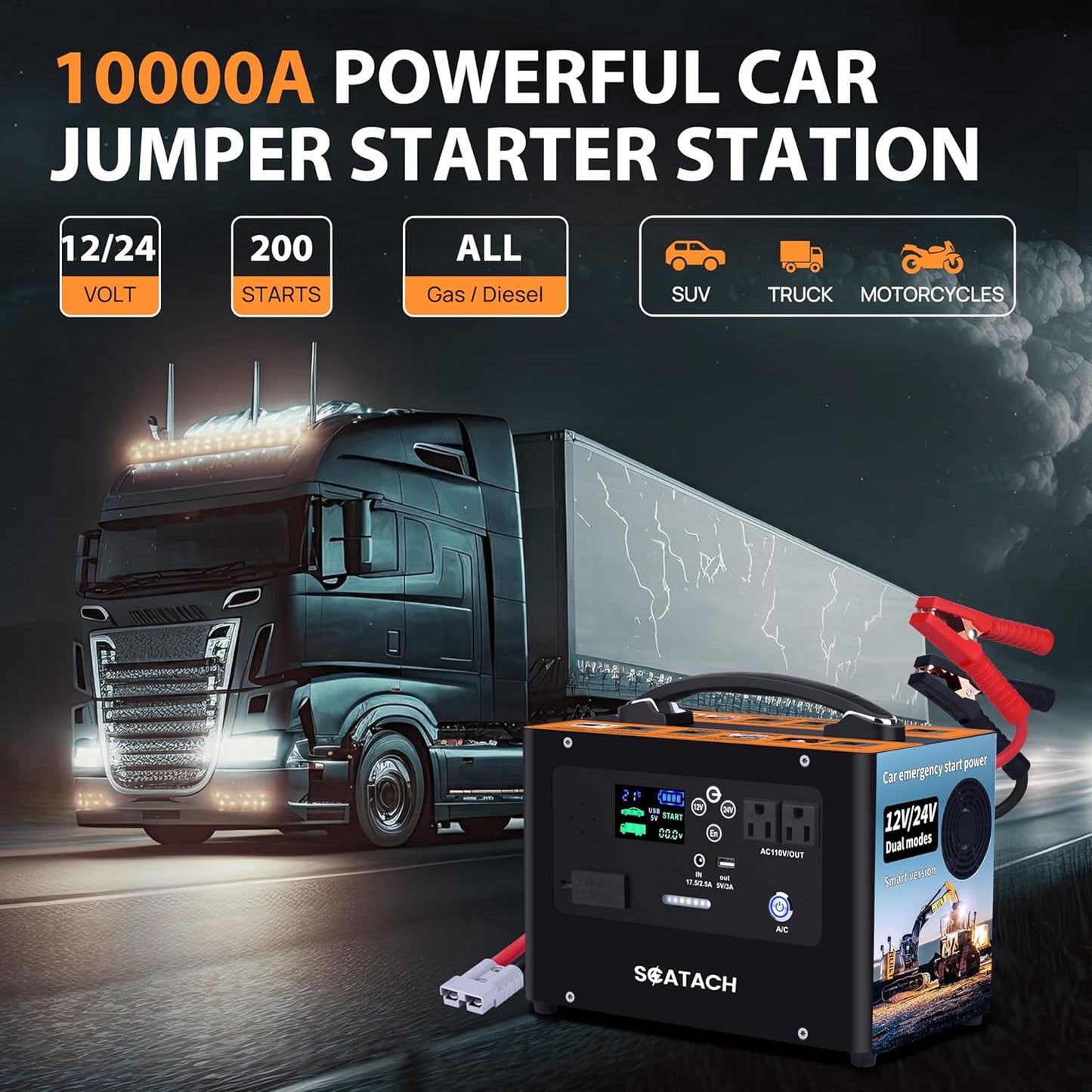 Scatach 10000A Jump Starter, 24V 400W Inverter Battery Jumper Starter Power Station for All Gas or Diesel Engines, 155Wh Heavy Duty Truck Jump Starters Portable Power Bank for Outdoors Camping Travel
