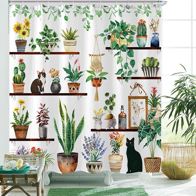Yeoiat Plants Cat Shower Curtain Cute Shower Curtain for Bathroom with 12 Hooks Polyester Fabric Waterproof Shower Curtains for Bathroom Decoration (White, 72"x72")