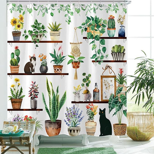Yeoiat Plants Cat Shower Curtain Cute Shower Curtain for Bathroom with 12 Hooks Polyester Fabric Waterproof Shower Curtains for Bathroom Decoration (White, 72"x72")