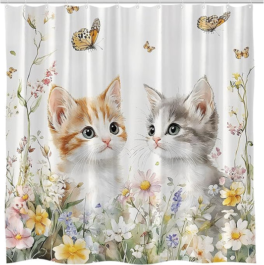 Butterfly and Kitten Floral Shower Curtain Cute Cat Spring Farmhouse Rustic Farm Animal Garden Cats Pet Lover Wildflower Bathroom Curtains Set Polyester Fabric with Hooks 70" W x 70" L