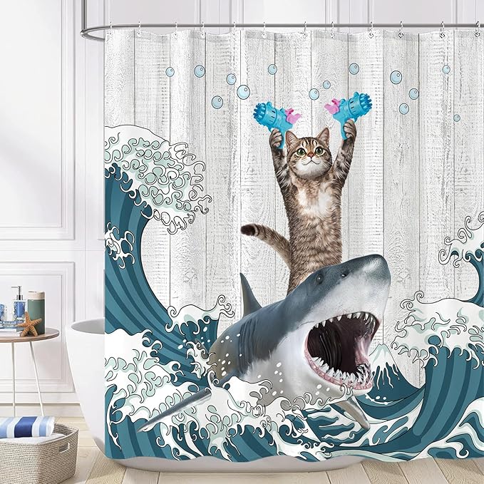 Yeoiat Cat Shower Curtain Shark Ocean Funny Shower Curtain Funny Decorative Shower Curtains for Bathroom Fun Shower Curtain Set with 12 Hooks Cat-03 72×72 Inches
