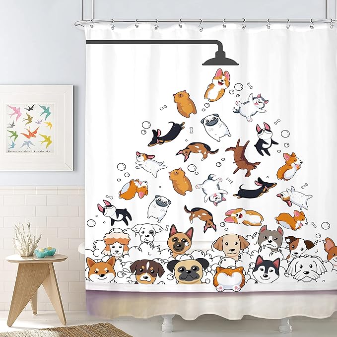 SVBright Cute Dogs Shower Curtain 60Wx72L Inch Kids Colorful Cartoon Animals Playing Water Lovely Funny Hilarious 12 Pack Hooks Polyester Waterproof Fabric Bathroom Bathtub Panels