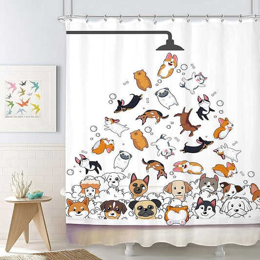 SVBright Cute Dogs Shower Curtain 60Wx72L Inch Kids Colorful Cartoon Animals Playing Water Lovely Funny Hilarious 12 Pack Hooks Polyester Waterproof Fabric Bathroom Bathtub Panels