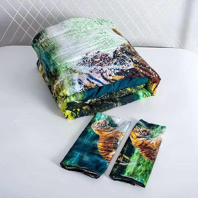 Tiger Print Comforter Set Full Size 3D Animal Print Comforter Bedding Set for Kids Boys Girls Teens Room with 1 Comforter and 2 Pillowcases All Season