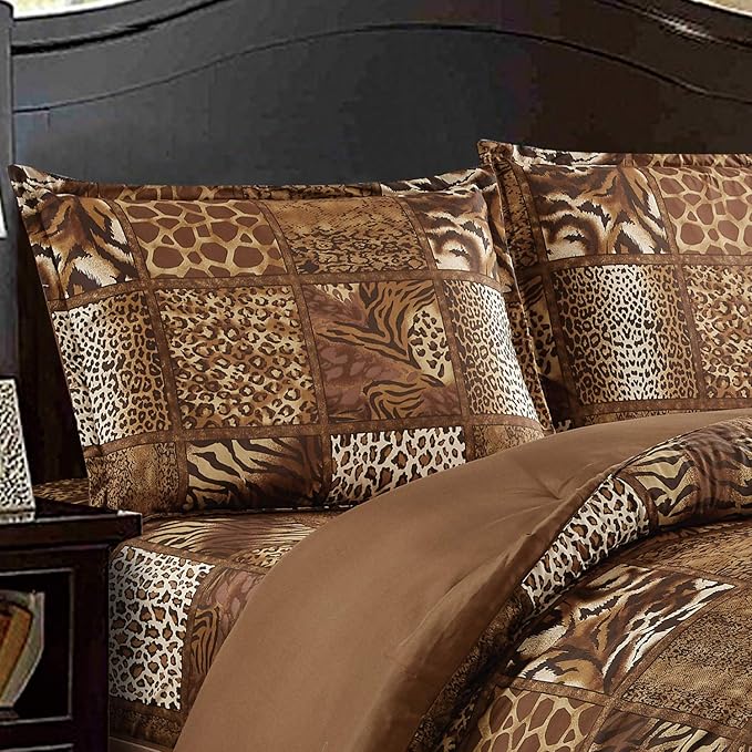 WPM 2 Piece Animal Print Comforter with Pillow Sham, Chocolate Brown Leopard Zebra Giraffe Jungle Forest Theme Design Twin Size Bedding- Safari (Brown, Twin)