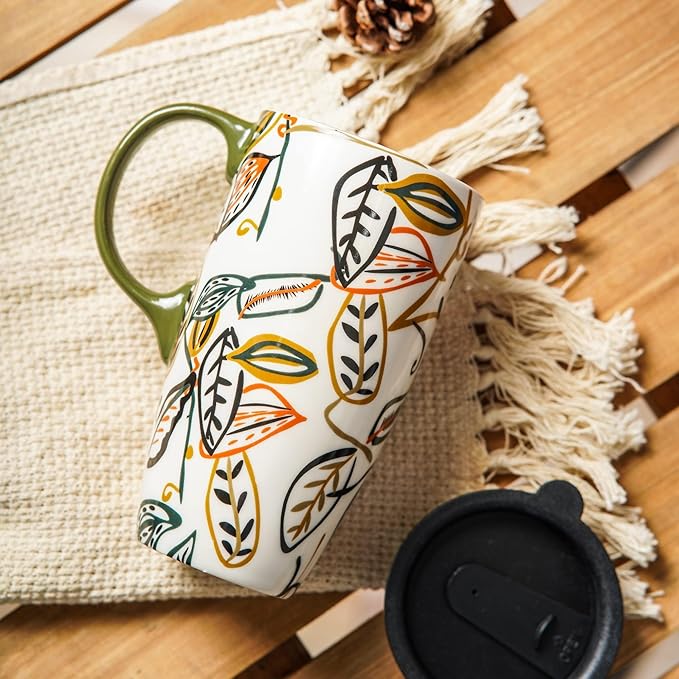 Topadorn Ceramic Coffee Mug Travel Cup with Lid Latte Mug,17oz.Leaves, Father's Day Gift