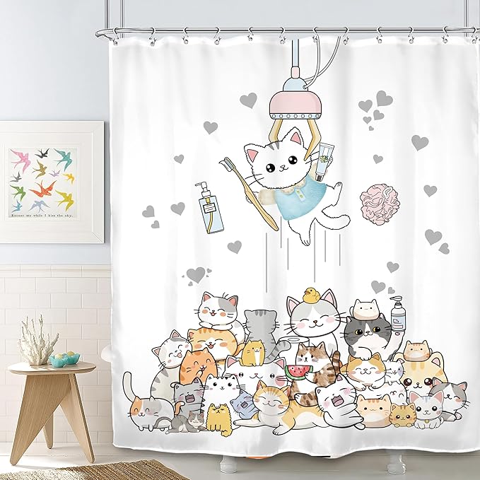 SVBright Funny Cat Shower Curtain 60Wx72L Inch Kids Cute Kitten Cartoon Children Animal Pets Fun Hilarious Lovely Boys Girls Toddler 12 Pack Hooks Polyester Waterproof Fabric Bathroom Bathtub Panels
