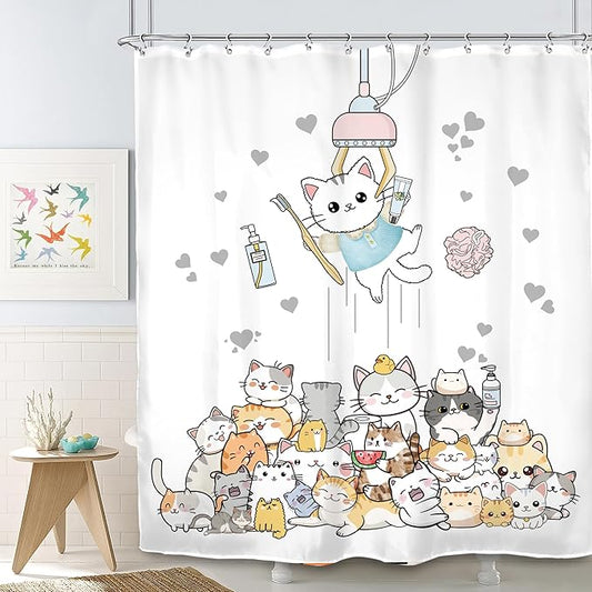 SVBright Funny Cat Shower Curtain 60Wx72L Inch Kids Cute Kitten Cartoon Children Animal Pets Fun Hilarious Lovely Boys Girls Toddler 12 Pack Hooks Polyester Waterproof Fabric Bathroom Bathtub Panels