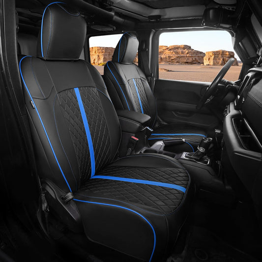 for Jeep Wrangler Seat Covers 4Door JL 2018 2019 2020 2021 2022 2023 2024 2025, Custom Car Seat Cover Full Set, Luxury Waterproof Leather Seat Protectors, Black Blue Trim, W/O Rear Cup Holder