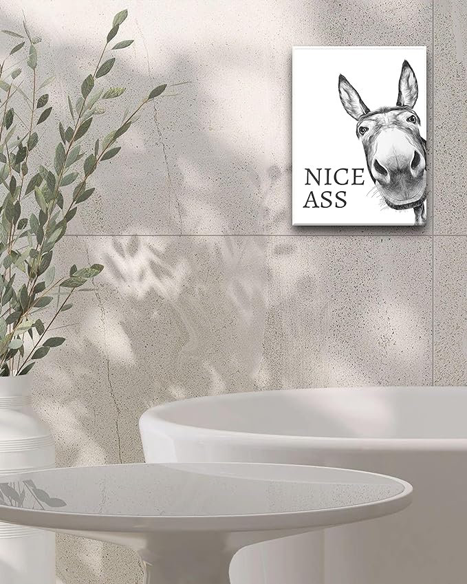 UPWOIGH Funny Bathroom Wall Art Decor, Black and White Donkey Wall Art, Waterproof Wood Framed Canvas Wall Art Animals Abstract Prints, 12x16in High-end Pictures for Dormitory Kids Room 1 Pack