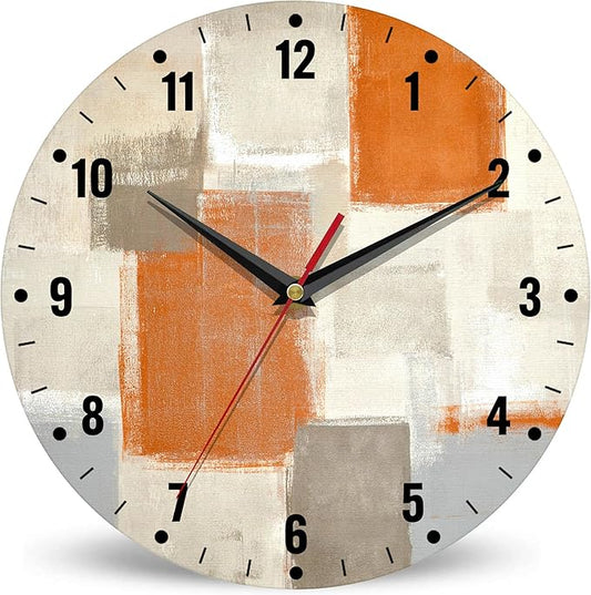 SPUNKER Clocks for Living Room,Orange Modern Art Wall Clock Battery Operated 10 Inch,Abstract Painting Round Clock Silent Non-Ticking Wall Decor for Farmhouse Office Home School Living Room Bedroom