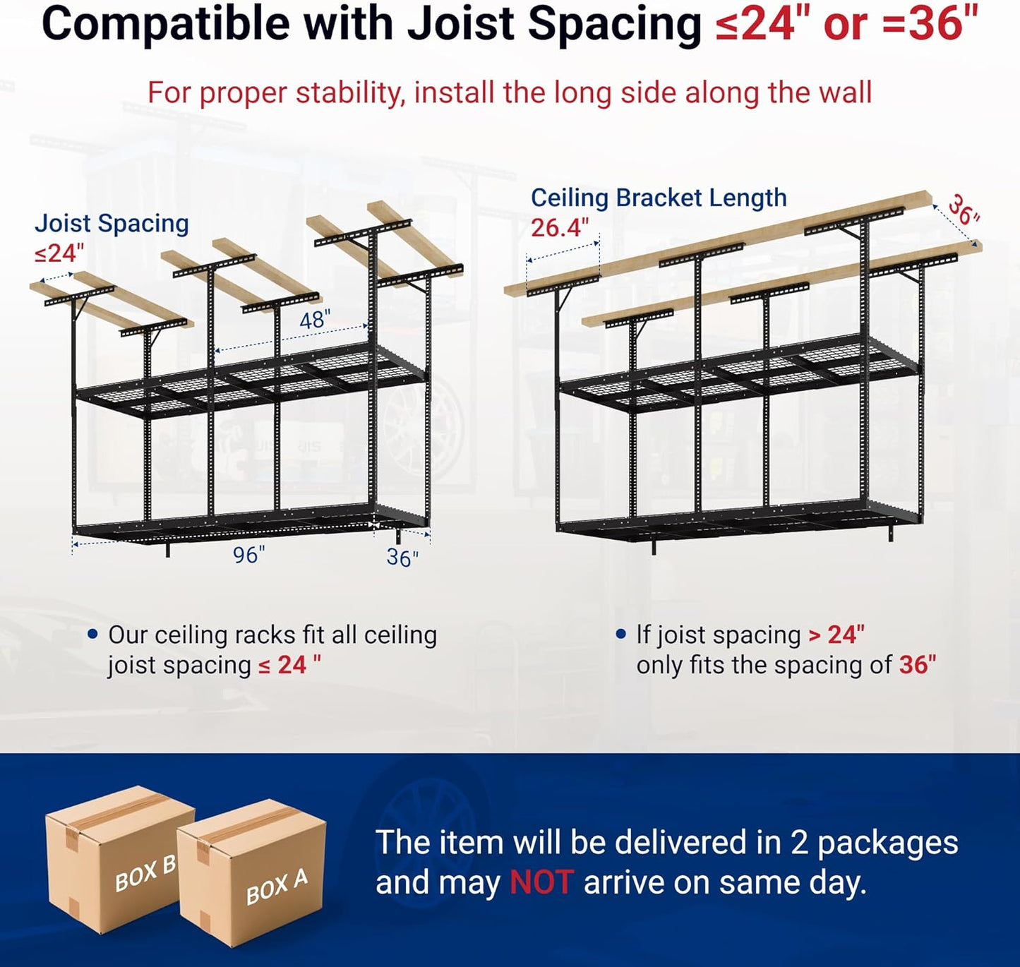 FLEXIMOUNTS 3x8 2-Tier Overhead Garage Storage Rack – Adjustable Heavy Duty Metal Garage Ceiling Storage Racks, 1000 lbs Capacity – Garages Organization System for 10–15 ft Tall Garages, Black