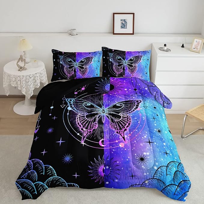 Black Blue Butterfly Comforter Set for Girls Women,Boho Butterfly Sun and Moon Mandala Printed Bedding Set with 2 Pillowcases(Black Blue Twin)