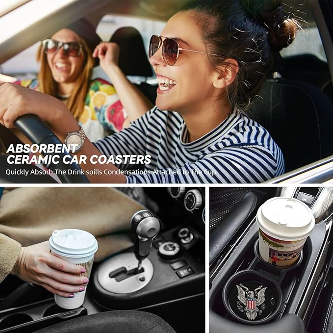 Absorbent Ceramic Car Coasters for Cup Holders, Bald Eagle Design 2.56" Anti Slip Universal Drink Cup Coasters for Women Men (2 Pack)