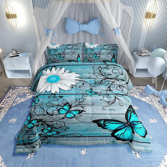 Butterfly Bedding Sets for Girls Teens Women Bedroom Rustic Flower Comforter Set King Size,Blue Butterflies White Chic Floral Duvet Set Retro Vintage Romantic Style Quilt Set Soft Lightweight