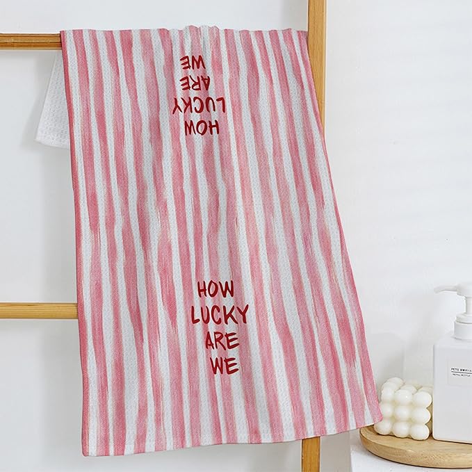 Trendy Pink Red Striped Kitchen Towels, How Lucky are We Decorative Hand Towels, Pink Girly Dish Tea Towels for Kitchen Decor, Trendy Preppy Bathroom Decor, 16x24 Inch