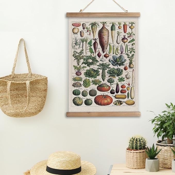 XIAOAIKA Vintage Vegetable Varieties Poster - Illustrated Garden Produce Chart with Wooden Frame - Educational Kitchen Wall Decor Art for Home Chefs and Gardeners 20 x 30 inches