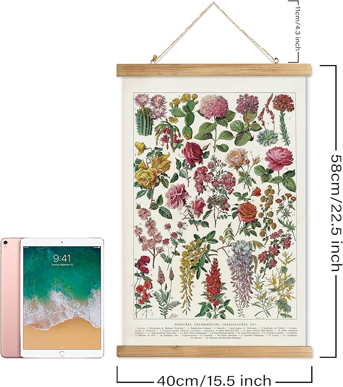 XIAOAIKA Vintage Wildflowers Poster Hanger Frame, Retro Style Wall Decor Art Painting, Patterns are Printed on Linen Without Fading, Scrolls Made of Fir are Durable (16 x 23 inches)
