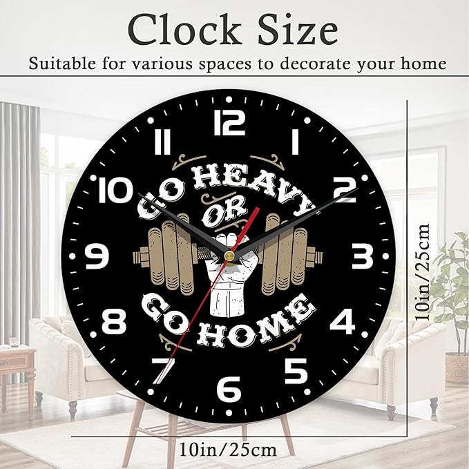 Wall Clock, 10 Inch Silent Non-Ticking Home Kitchen Decor, Battery Operated for Bathroom Bedroom Living Room Office(Gym Quotes)